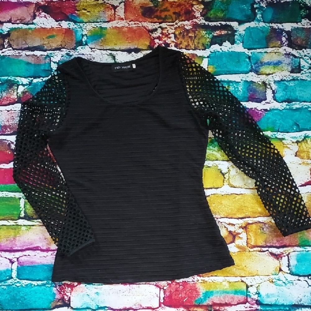 Goth/Punk Black Top with Mesh Sleeves